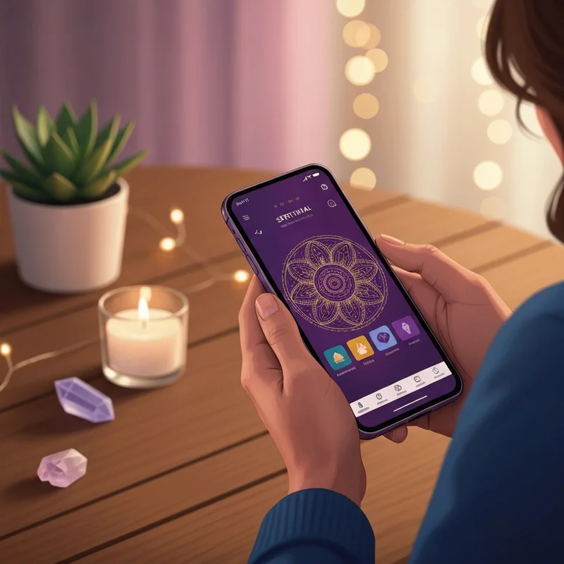 A serene young person holding a smartphone showing a glowing celestial interface for psychic reading apps in a cozy, candlelit room.