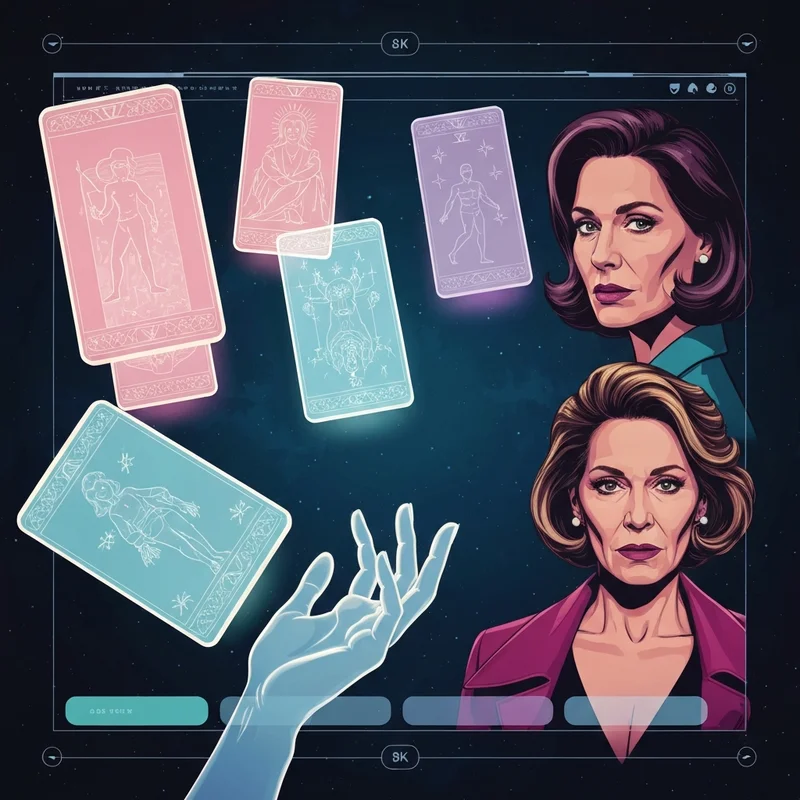 A serene digital landscape showing a virtual tarot reading interface with glowing 3D cards floating in a starry night sky.