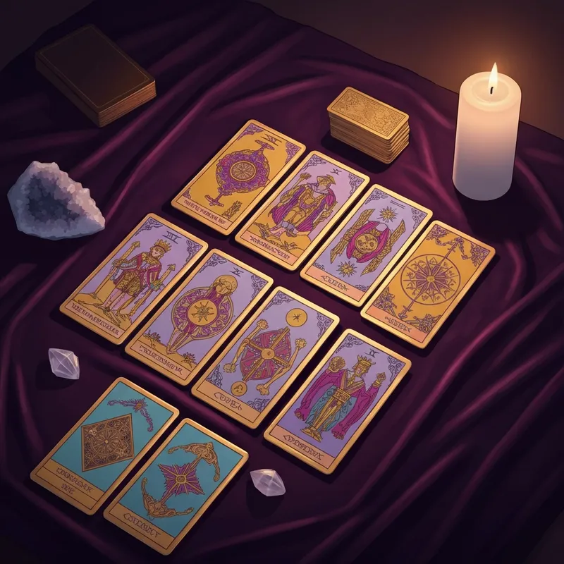 The traditional celtic cross tarot spread layout on a mystical velvet cloth with candles.