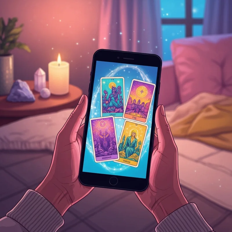 A mystical digital interface showing glowing free accurate tarot cards being dealt on a smartphone screen with cosmic backgrounds.
