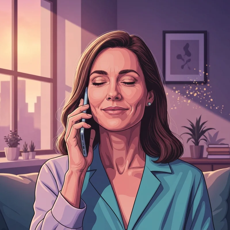 A woman sitting calmly on a sofa holding a smartphone, seeking a free psychic reading phone call for spiritual guidance.