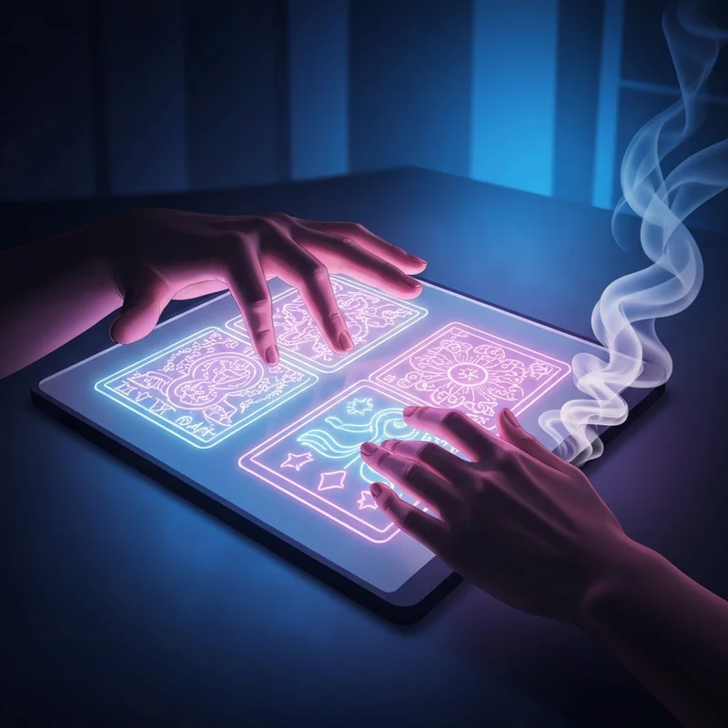 A mystical digital interface showing glowing tarot online cards with neon symbols and soft bokeh lights.