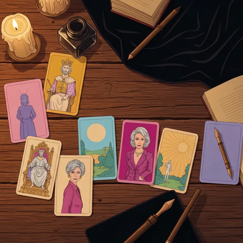 A collection of traditional tarot cards laid out on an antique wooden table with a soft candle flame and silk cloth.