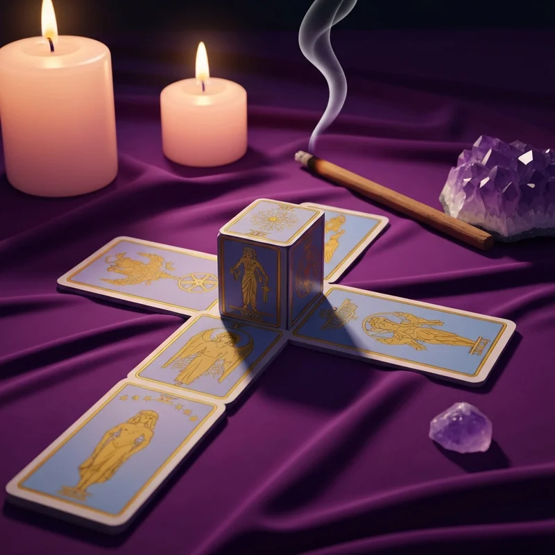 A detailed 10-card celtic spread tarot layout on a velvet cloth with candlelight and crystals.