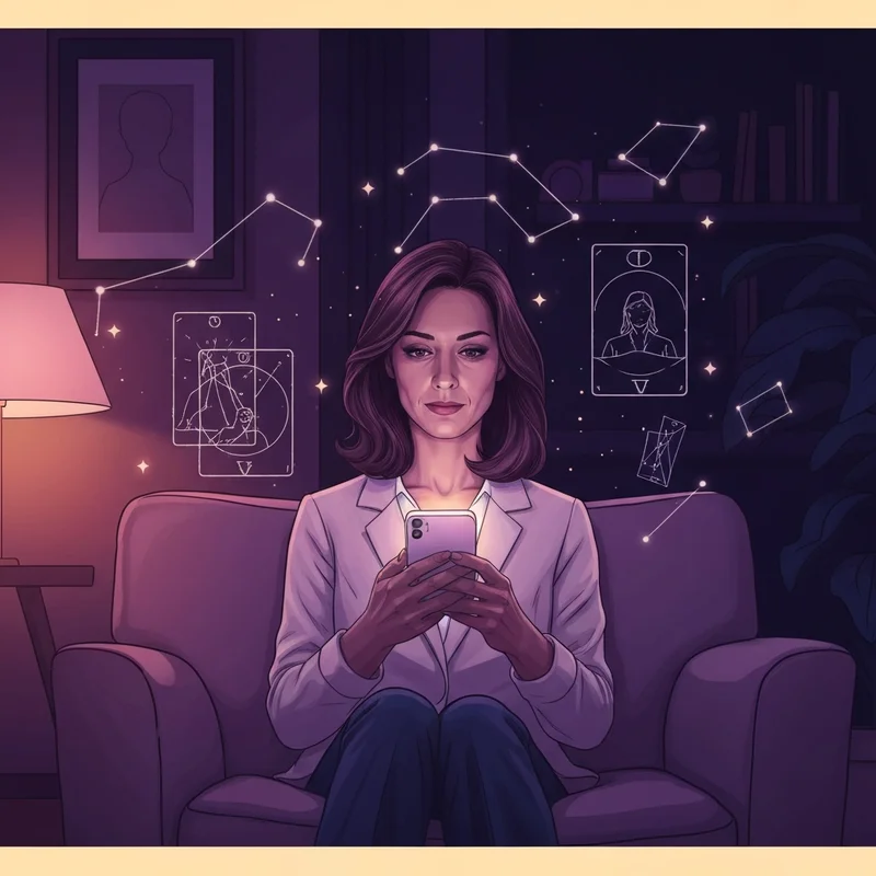 A serene young person looking at a glowing phone screen at night, seeking a clairvoyant free question with a background of ethereal stars and digital soul-maps.