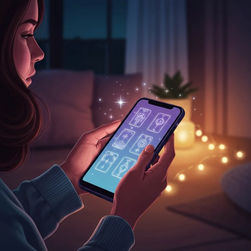 A serene, mystical setting showing a glowing digital interface with tarot cards and soft starlight, representing a relationship psychic reading free.