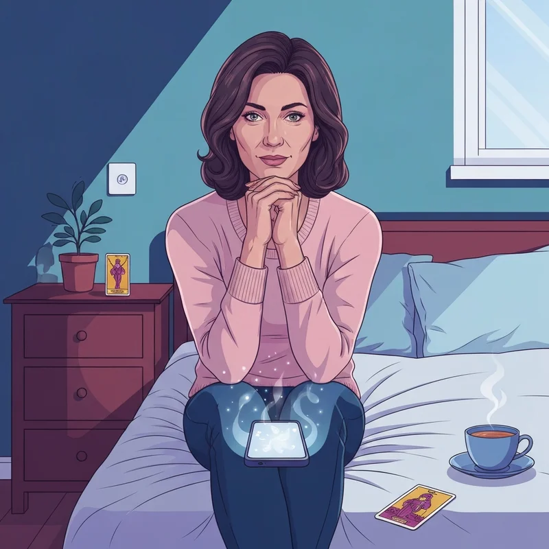 A woman sitting in a dimly lit room looking at a glowing phone screen while contemplating a relationship psychic reading.