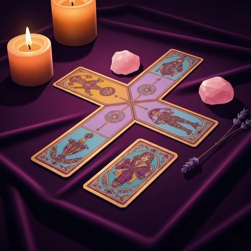 A detailed 10-card cross spread tarot layout on a dark velvet cloth with a flickering candle and rose quartz crystal.