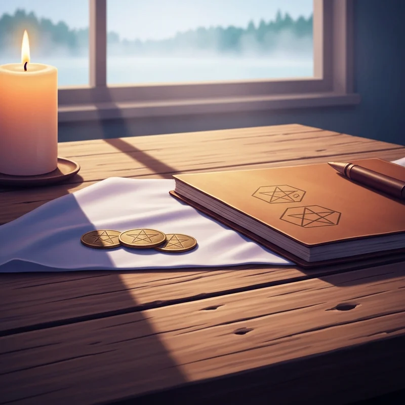 A peaceful setting for iching divination with three ancient coins and a notebook.