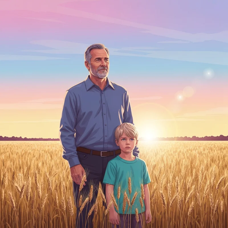 Cast of the movie Heaven Is for Real featuring a father and son in a field at sunset.