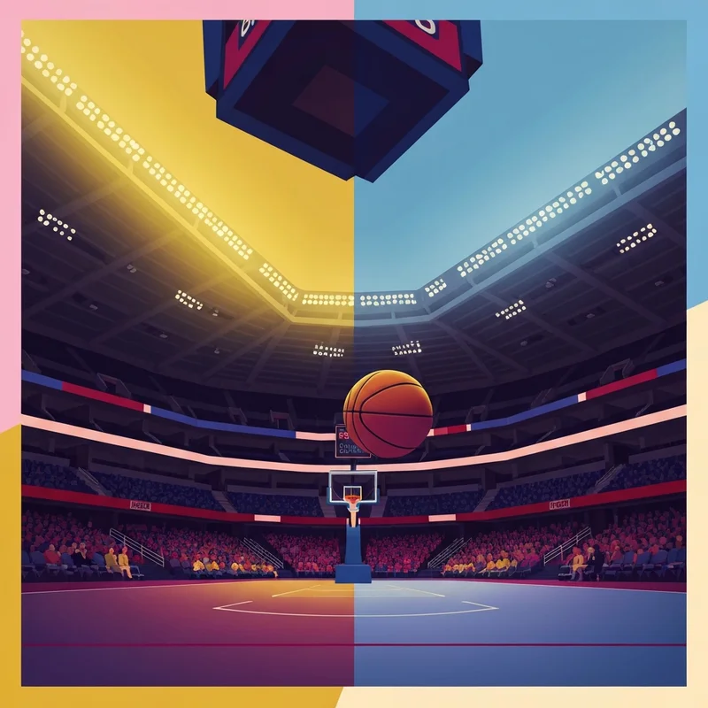 Cinematic basketball court scene representing the high-stakes 76ers vs Lakers atmosphere.