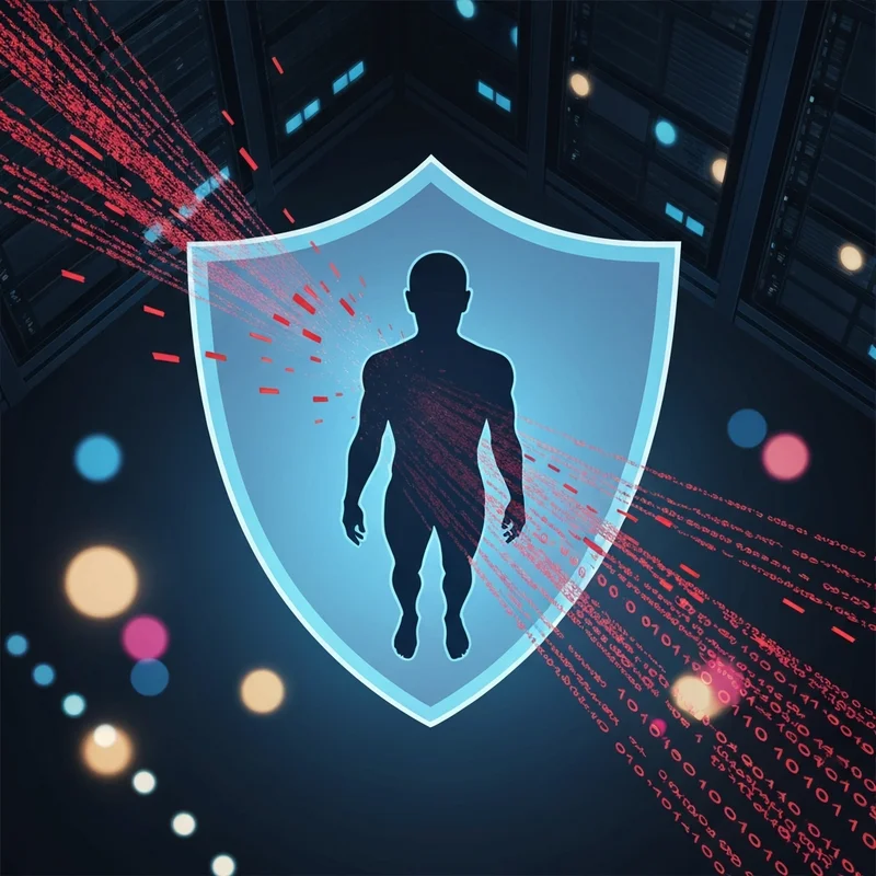 A glowing digital shield protecting a stylized human profile from incoming streams of binary code, representing what is a data breach.