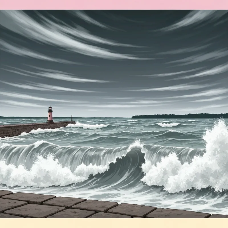 A dramatic scene of a lake wind advisory with high waves crashing against a pier under a dark, turbulent sky.