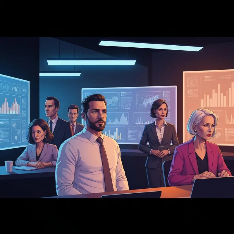 A high-tech digital command center with focused professional leads managing complex incident response plans during a crisis scenario.