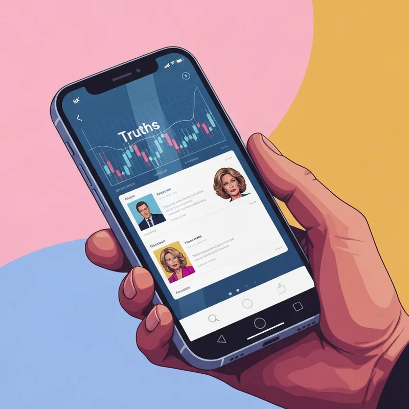 Truth Social digital interface showing a feed of posts and the DJT stock ticker on a smartphone screen.