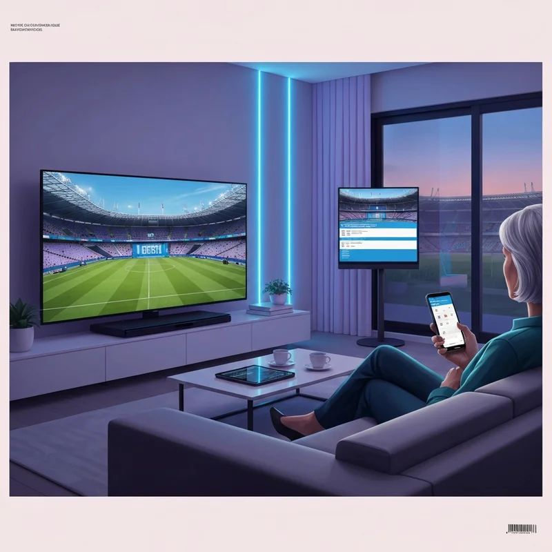 A high-tech digital streaming setup showing where to watch champions league on multiple devices in a modern living room.