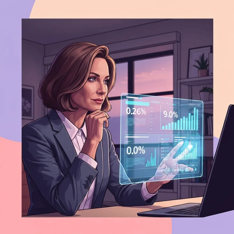 A professional woman in her late 30s looking at a digital stock market display with red and green data points, feeling calm and analytical.