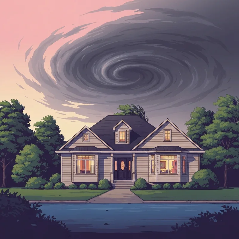 A modern home protected against a high wind warning with secured outdoor furniture and dark storm clouds overhead.