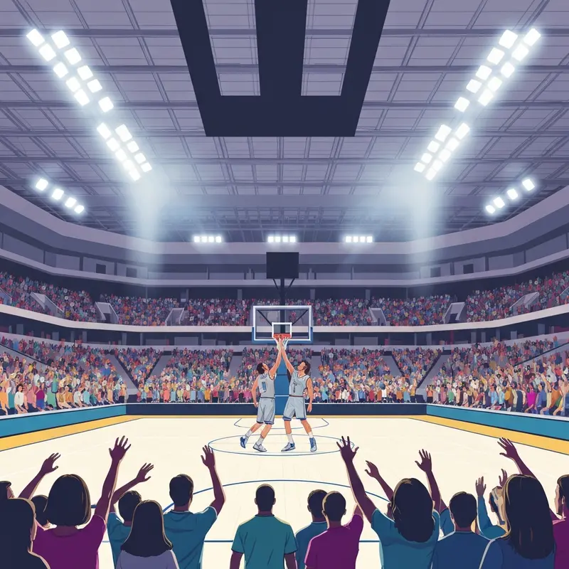 Cinematic wide-angle shot of a basketball arena during a high-stakes spurs vs mavericks game recap.