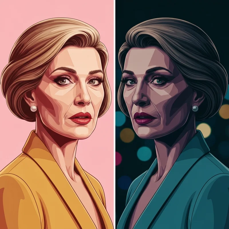 Cinematic visual of two twin-like female archetypes representing a porn star look alike discovery, one in elegant red carpet attire and the other in a stylized noir look.