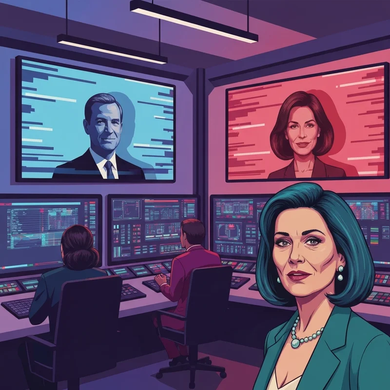 A conceptual digital illustration of the trump obama feud, showing a screen with AI-generated noise and political silhouettes.