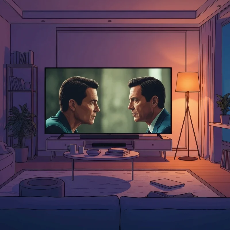 A cinematic and moody living room scene with a soft-lit television screen showing a poignant moment from one of the films on drugs, surrounded by cozy blankets and a calm atmosphere.