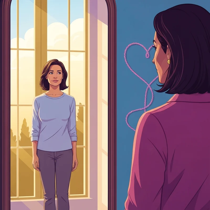 A woman reflecting in a mirror with a soft, supportive glow, symbolizing the journey of Let Mommy Fix It and post-partum recovery.