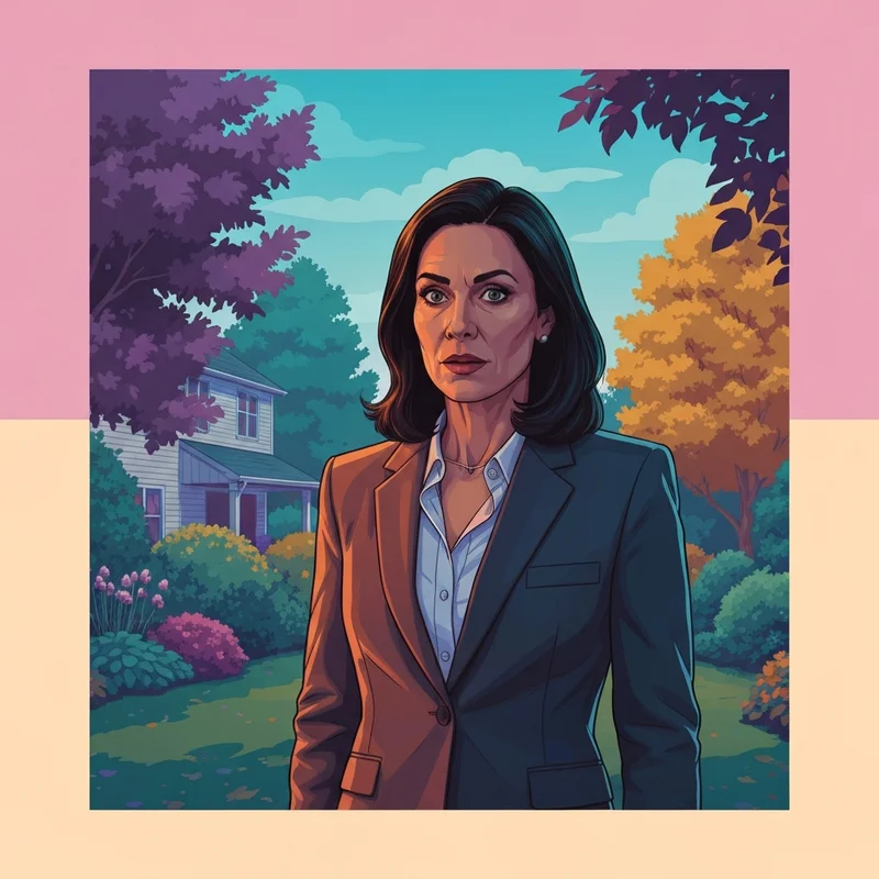 A stylized digital illustration representing a modern television actress in a sophisticated urban setting, capturing the essence of melissa fumero shows.