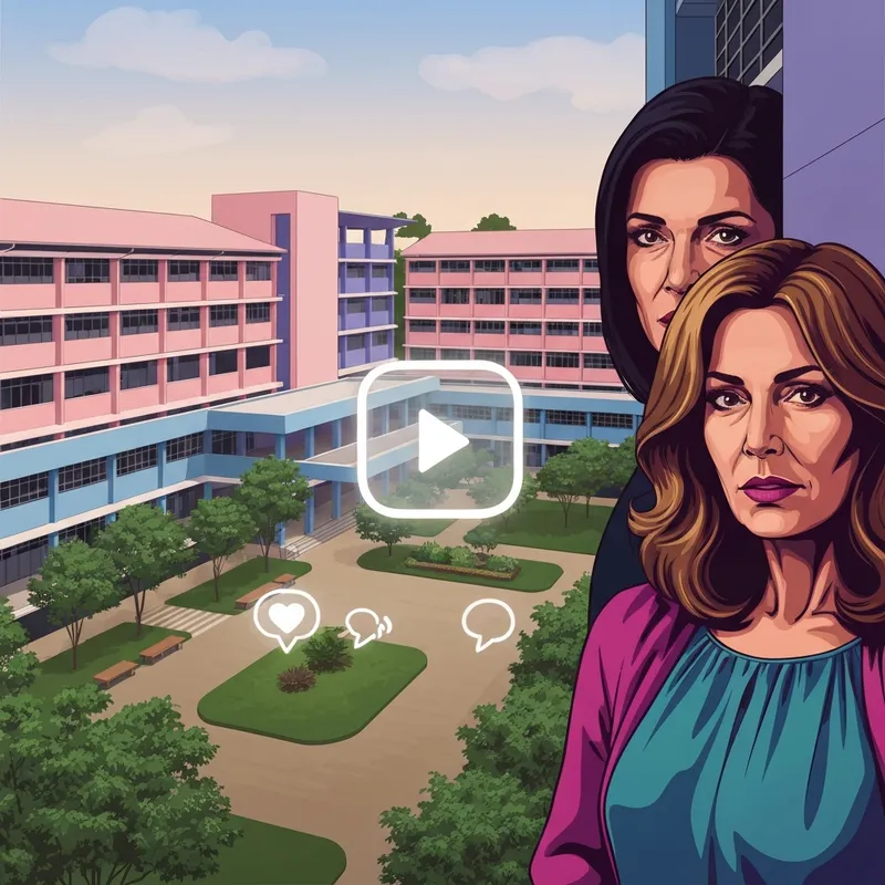 A modern school building facade blended with digital drama aesthetic for innocent high guide.