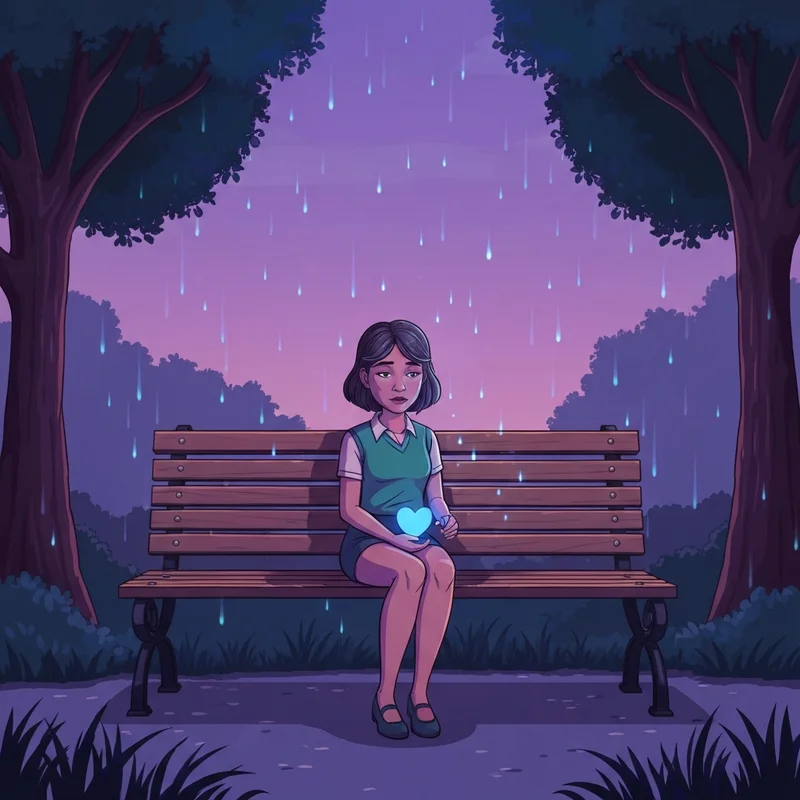 A lone animated character sitting on a bench under a rainy streetlamp, reflecting the melancholy of sad animated films.