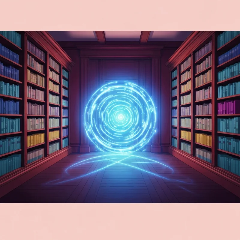 A cinematic visualization of a glowing temporal portal in a modern library, representing the best tv show on time travel.
