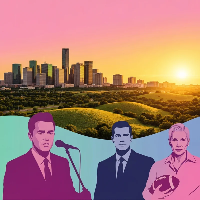 A cinematic collage representing famous people that are from texas featuring visual symbols of music, film, and sports against a Lone Star backdrop.