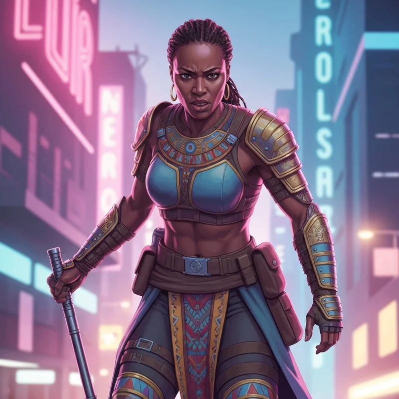 A powerful African American woman actress in a beautiful image from a high-stakes action movie, wearing tactical gear in a cinematic setting.