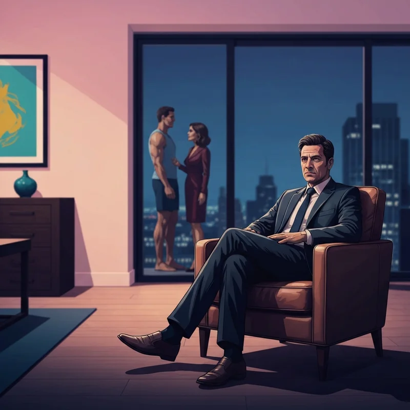 A sophisticated couple in a dimly lit, high-end living room, capturing the psychological tension of cuckold movies and voyeurism.