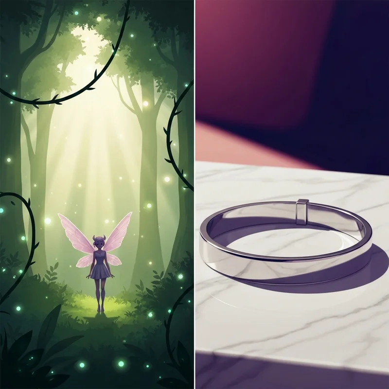 A mystical faerie creature and a polished stainless steel bangle representing the dual nature of ivy aura.