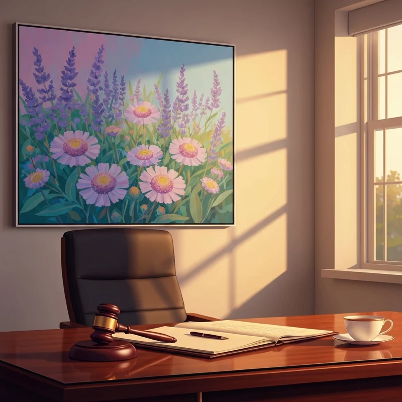 A peaceful home office featuring a legal gavel and a vibrant wildflower painting by sandra burns, symbolizing clarity and creativity.
