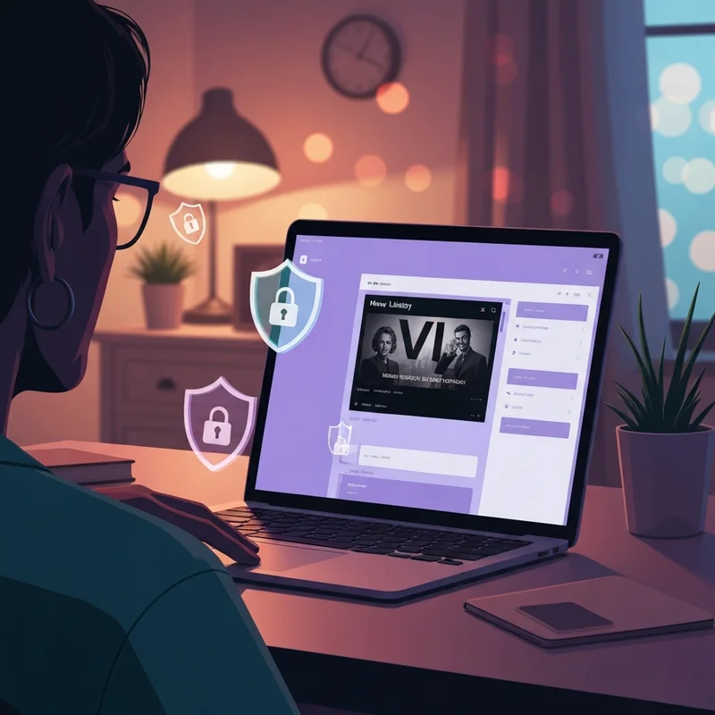 En modern person som navigerar digital streaming och säkerhetsinställningar på en laptop, med fokus på nyafilmer logotypen i bakgrunden.