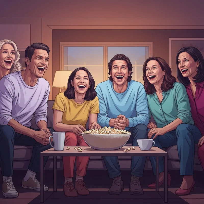 A group of happy friends and family sitting on a cozy couch watching good pg 13 movies with popcorn and snacks.