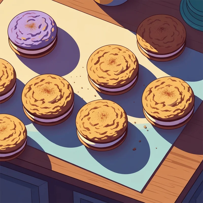 A close-up of delicious oatmeal creampies with vanilla filling on a wooden table, emphasizing the culinary aspect of the term.