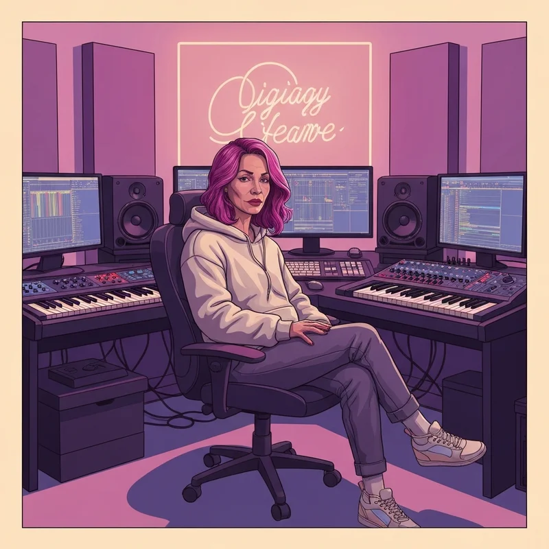 A creative influencer with magenta hair in a high-tech music studio, representing the magenta lexx brand.