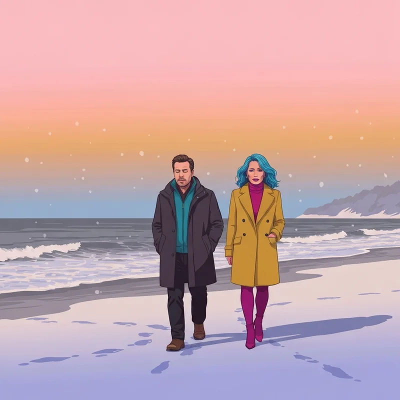 A melancholic man with dark hair and a woman with bright blue hair standing on a frozen beach under a hazy blue sky, illustrating quotes of eternal sunshine of the spotless mind.