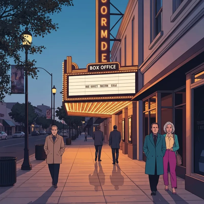 A cinematic view of a modern theater marquee in a charming downtown setting with people walking toward the entrance, featuring the primary keyword lodi movie theater movies.