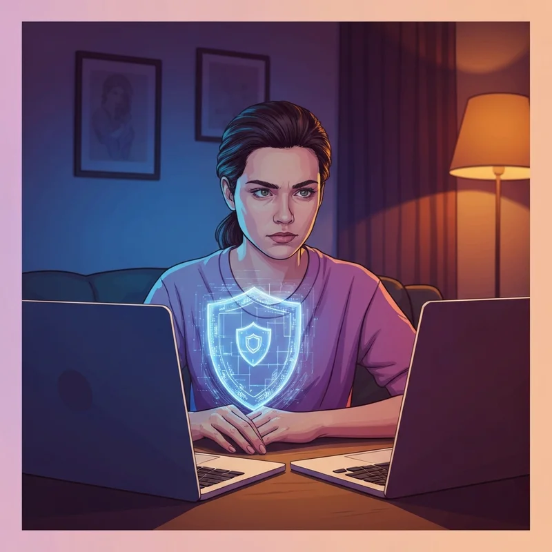 A person sitting at a desk looking at a phone with a protective shield icon overlay, symbolizing digital safety against blackmail mom porn threats.