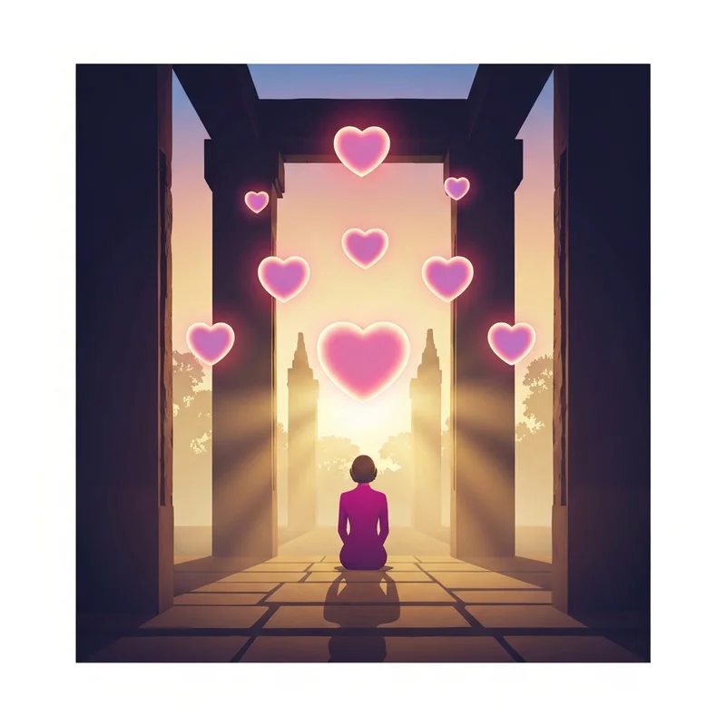 ภาพกราฟิกแสดงสัญลักษณ์ เจ็ด หัวใจ ศรัทธา ท่ามกลางบรรยากาศที่สงบและมีพลัง