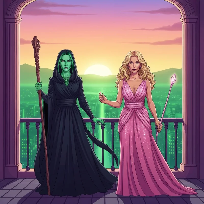 Two female archetypes representing a green-skinned sorceress and a blonde socialite in a cinematic, magical setting, embodying wicked quotations.