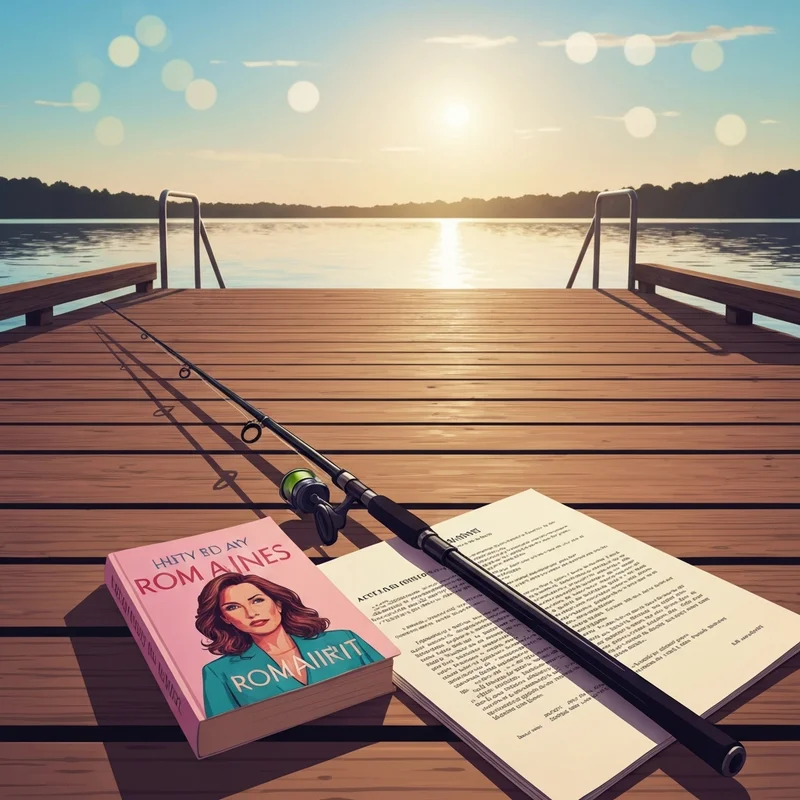 A sun-drenched outdoor scene depicting a stack of books, a vintage movie reel, and a fishing rod leaning against a wooden dock, representing the multi-intent nature of catching summer.