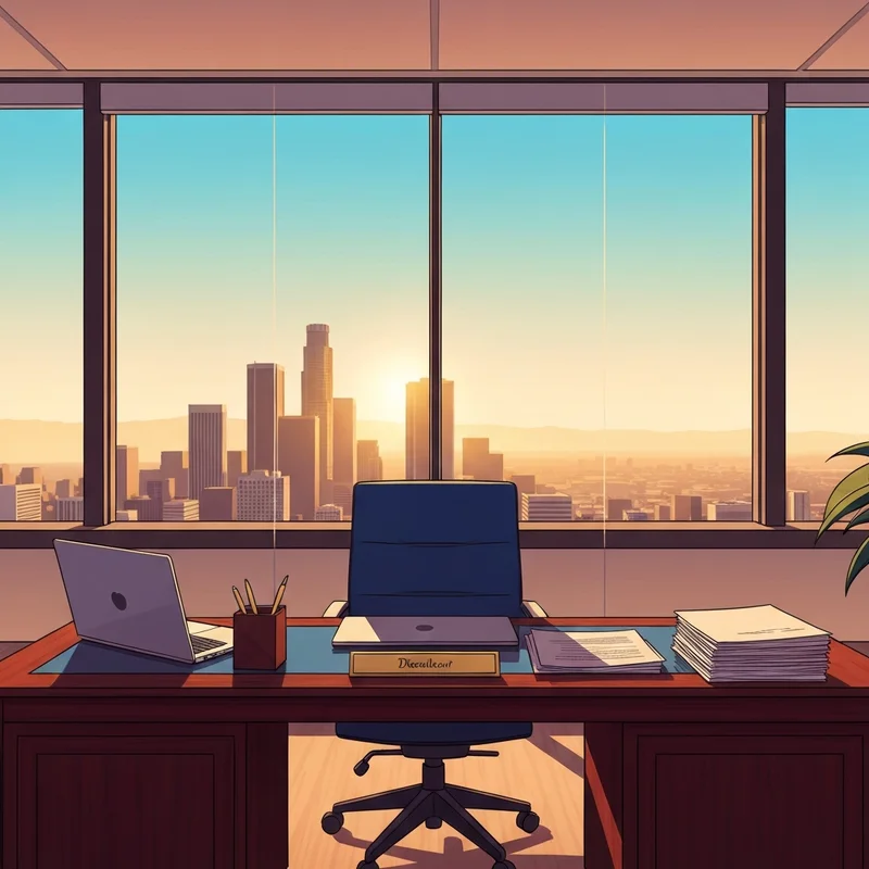 A cinematic high-rise office in Los Angeles during sunset, representing the divorce lawyer 2025 aesthetic with a sharp, professional vibe.