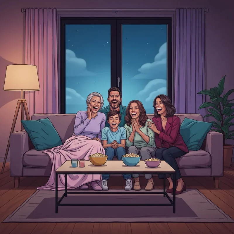 A group of family members laughing together on a sofa while watching pg 13 comedy movies on a large television.