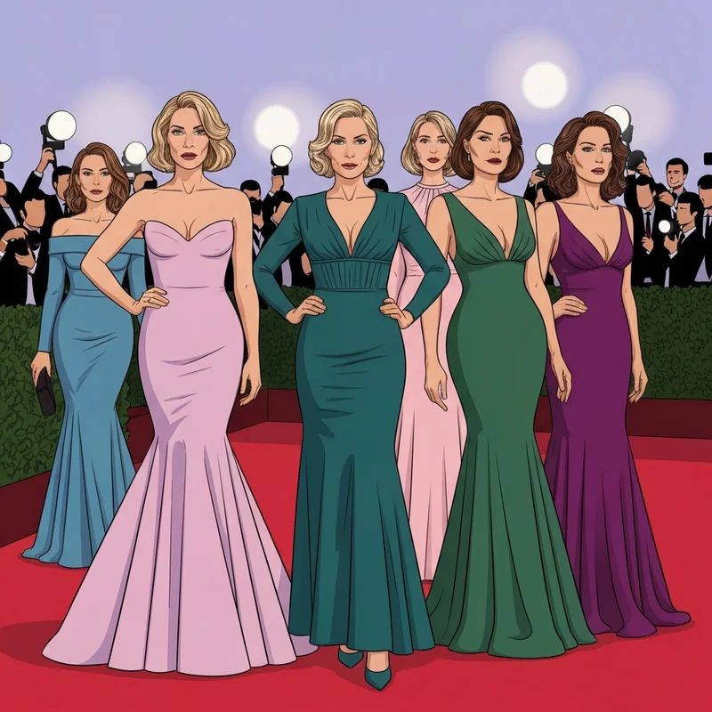 A group of elegant actresses in high-fashion gowns on a red carpet, showcasing various hourglass silhouettes and celebrating big boob actresses.