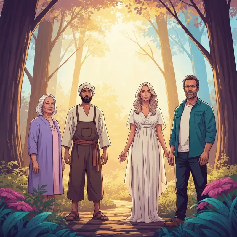 The Shack cast ensemble featuring actors representing the Trinity and the Phillips family in a serene forest setting.